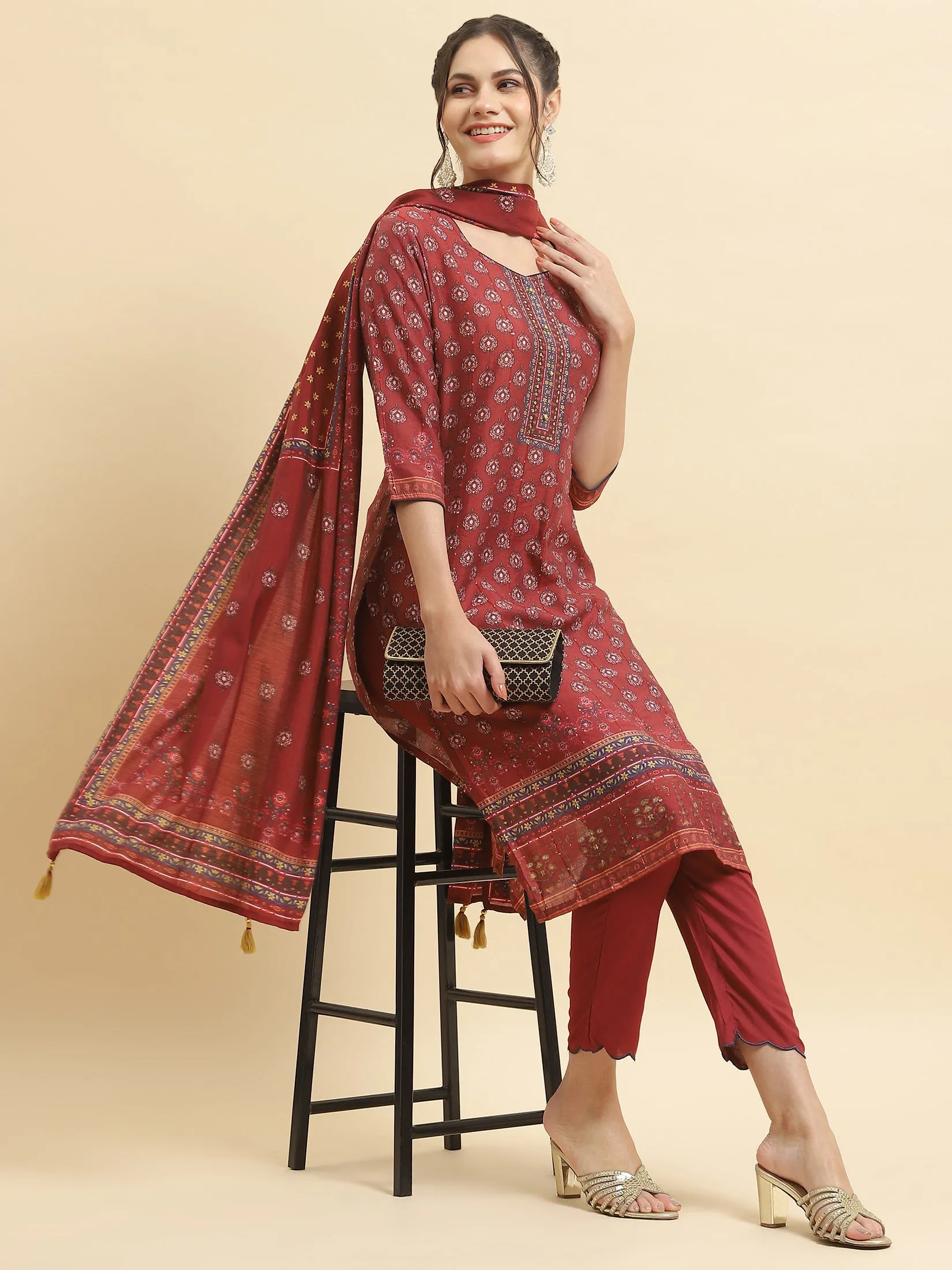 Women Muslin Maroon Floral Print Kurta Trouser Dupatta