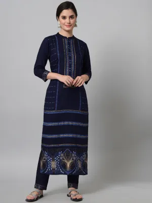 Women Navy Blue Printed Kurta Trouser Set