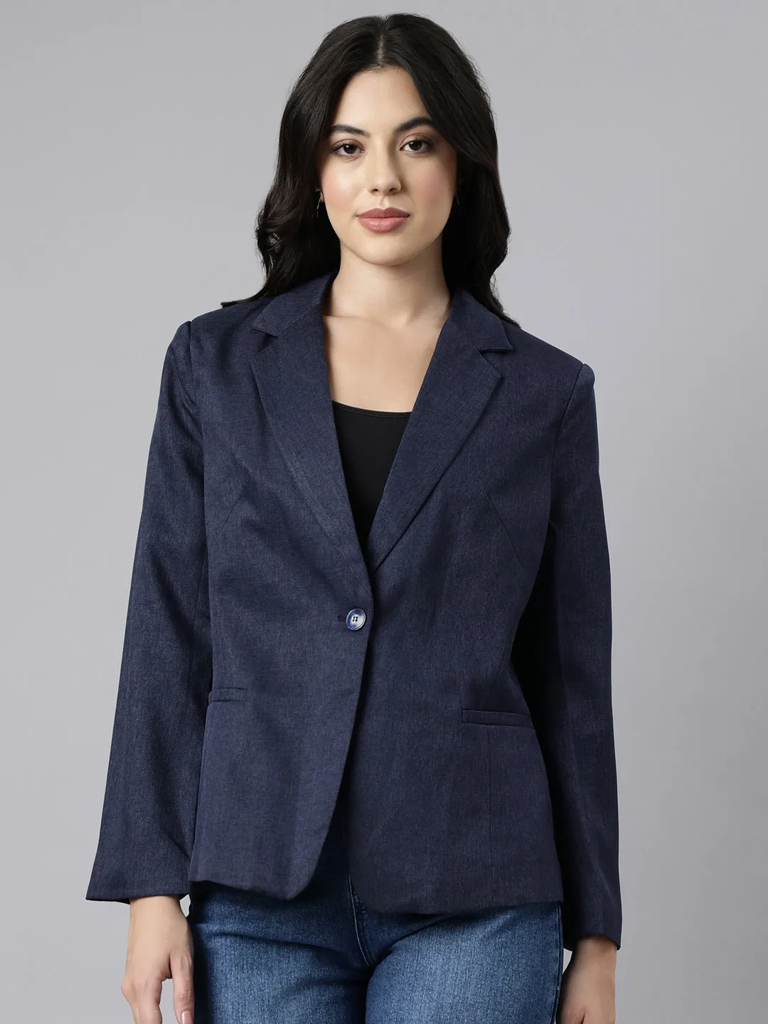 Women Navy Blue Single-Breasted Blazer