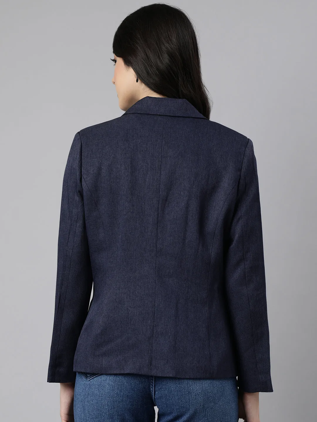 Women Navy Blue Single-Breasted Blazer