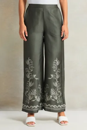 Women Olive Embroidered  Wide Leg Trouser