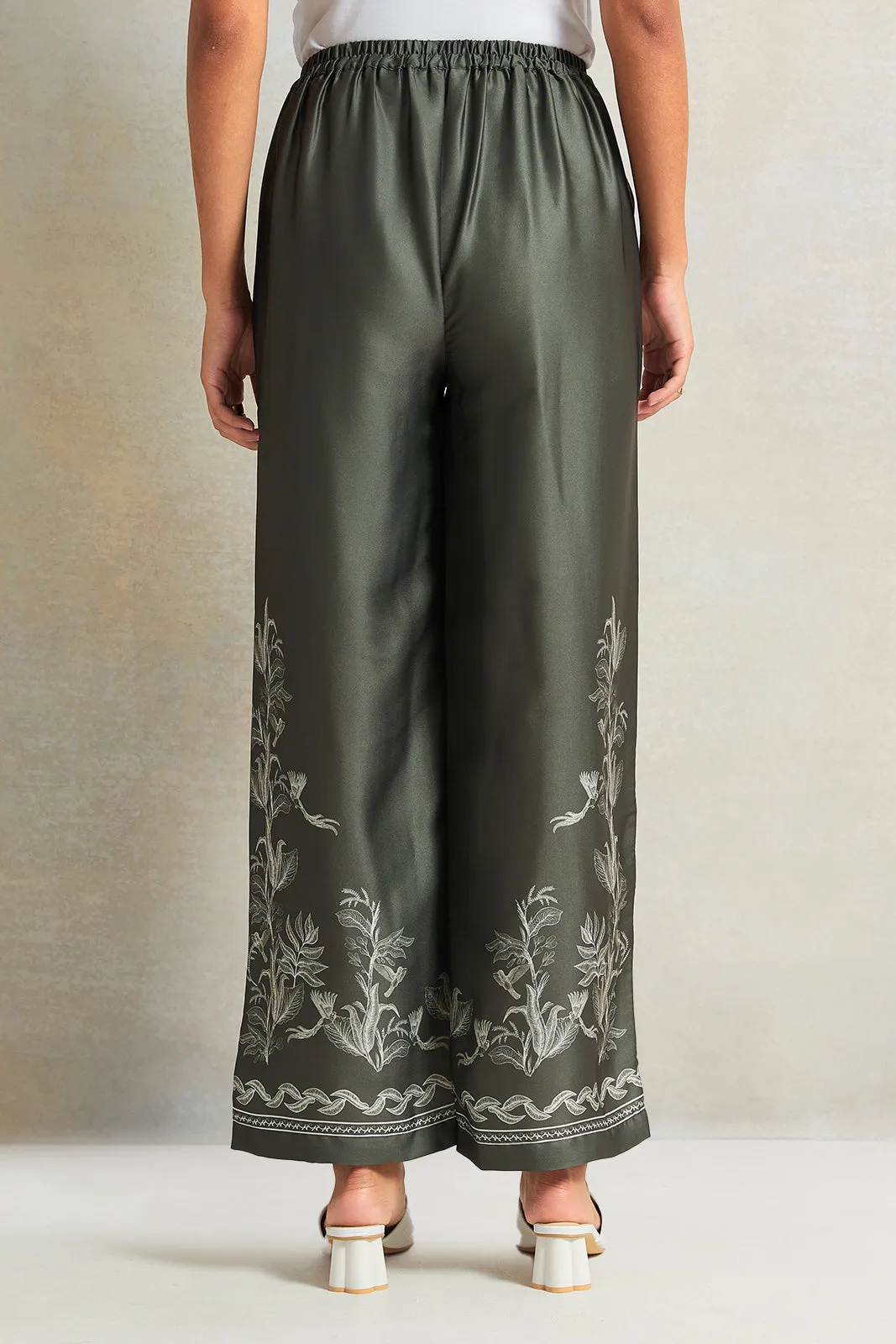 Women Olive Embroidered  Wide Leg Trouser