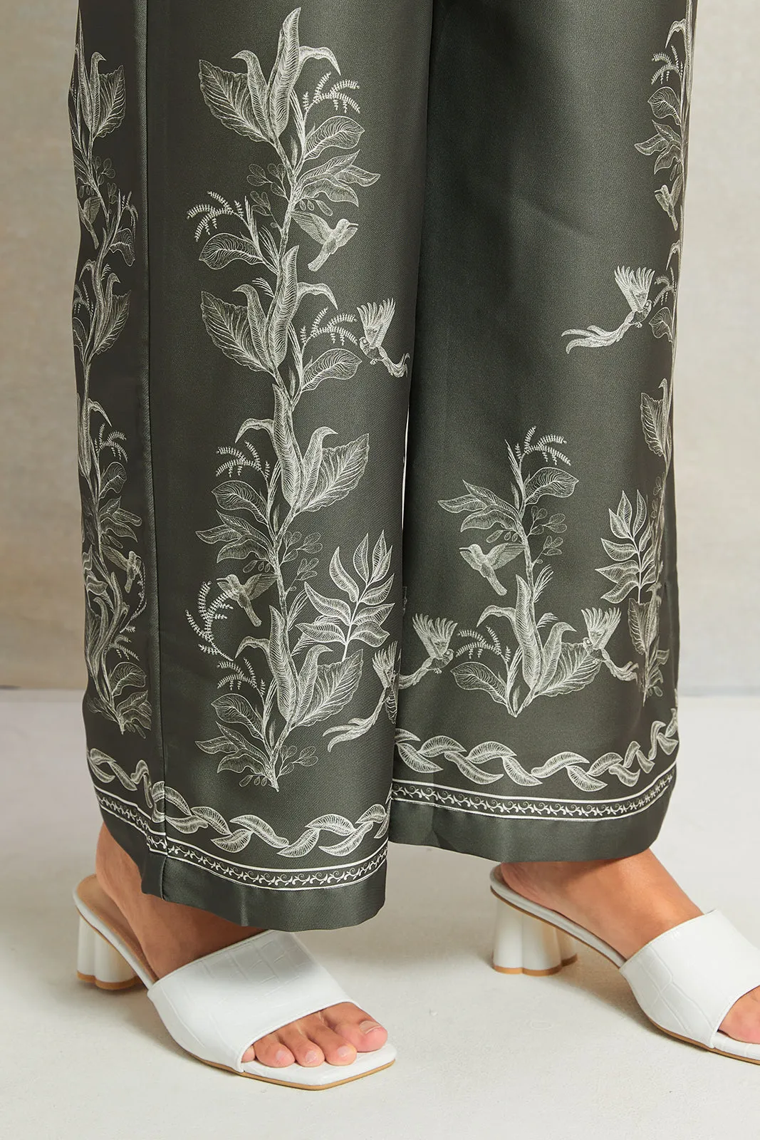 Women Olive Embroidered  Wide Leg Trouser