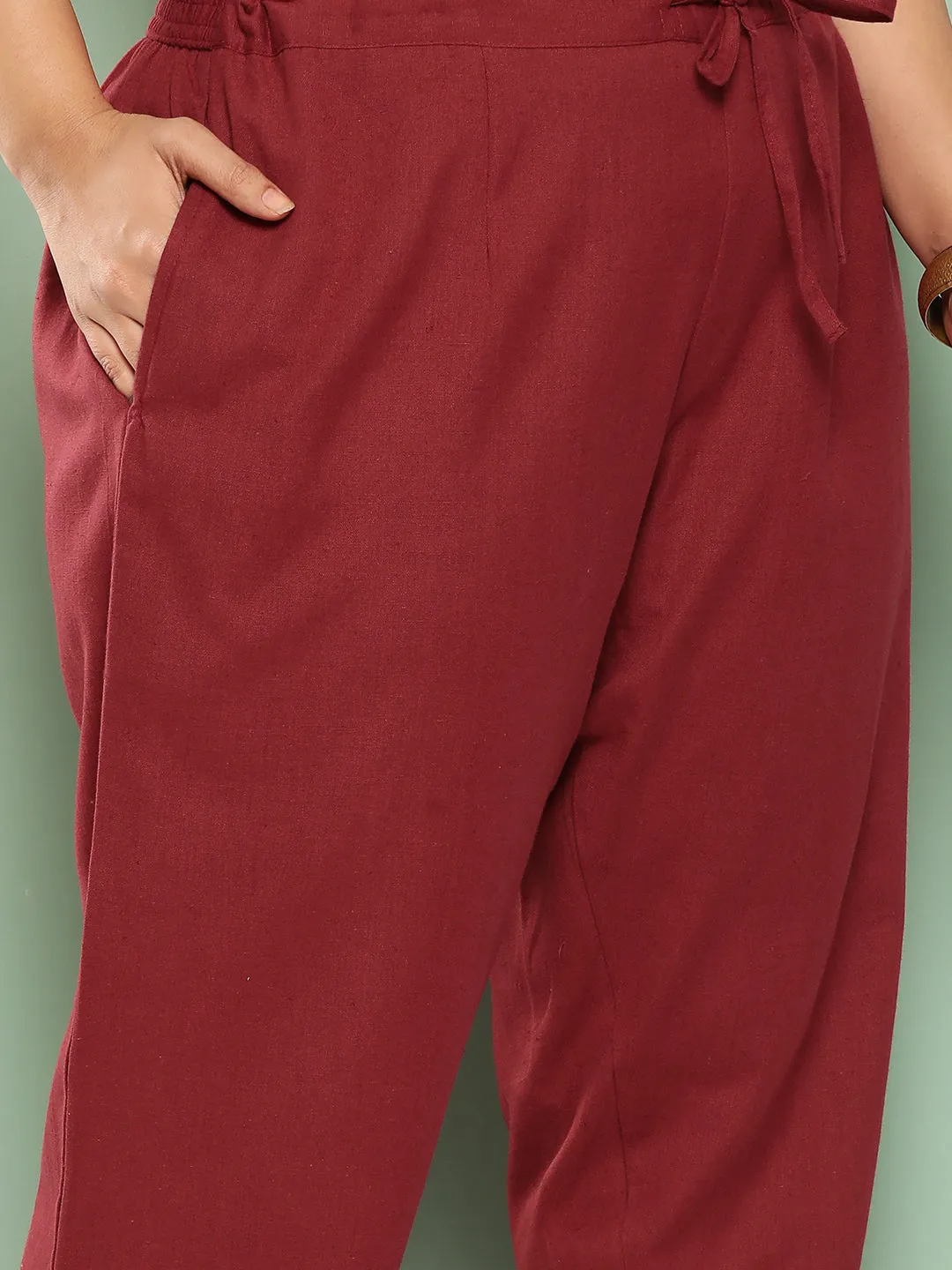 Women Plus Size Maroon Cotton Trouser