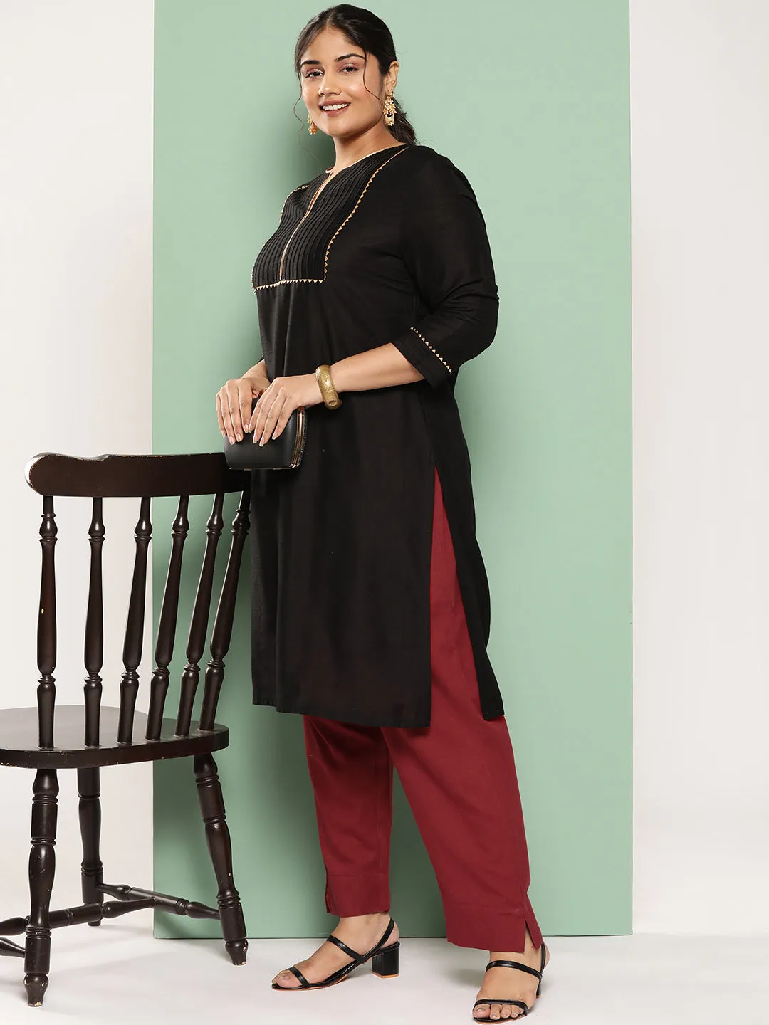 Women Plus Size Maroon Cotton Trouser