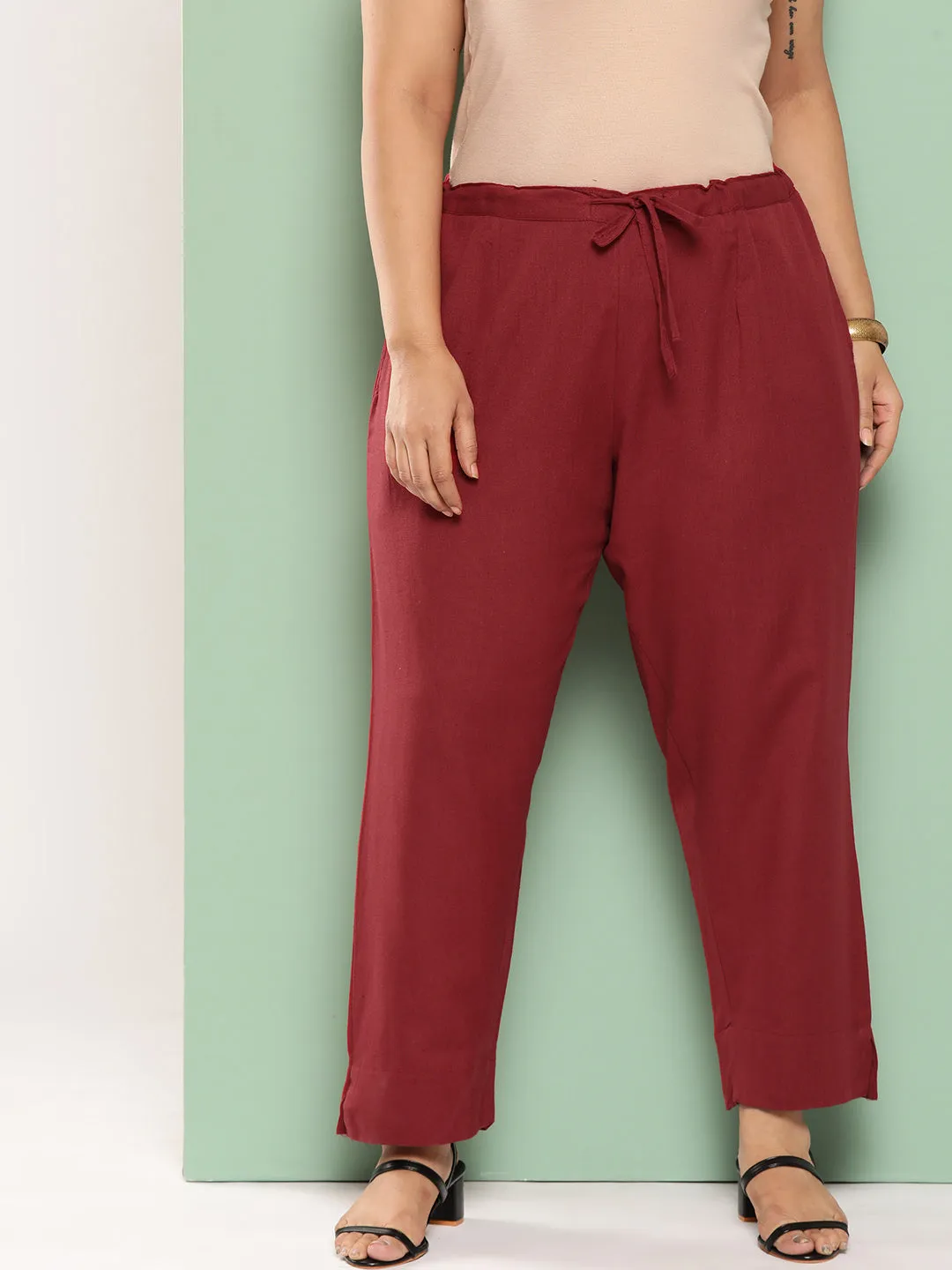 Women Plus Size Maroon Cotton Trouser