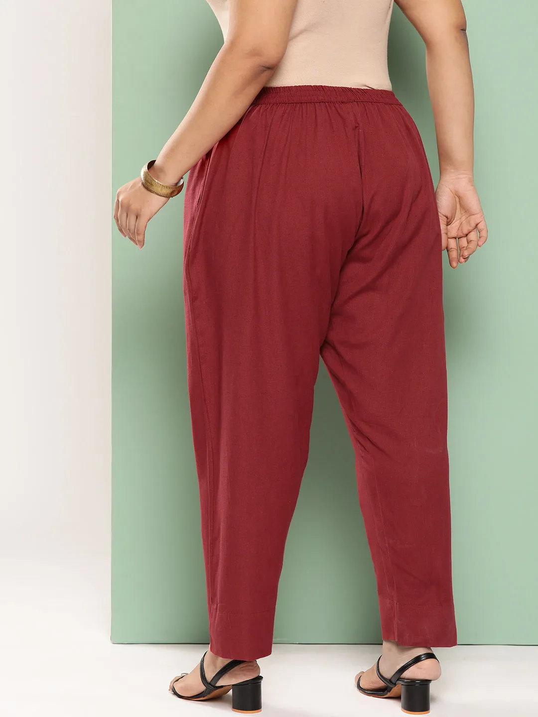 Women Plus Size Maroon Cotton Trouser