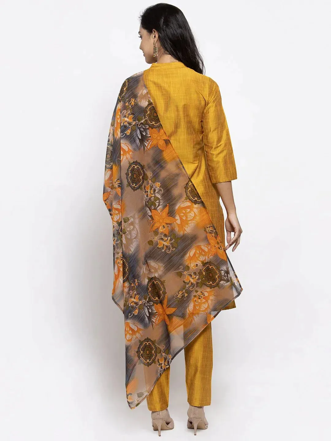 Women Yellow Self-Striped Kurta With Trousers & Gorgette Dupatta