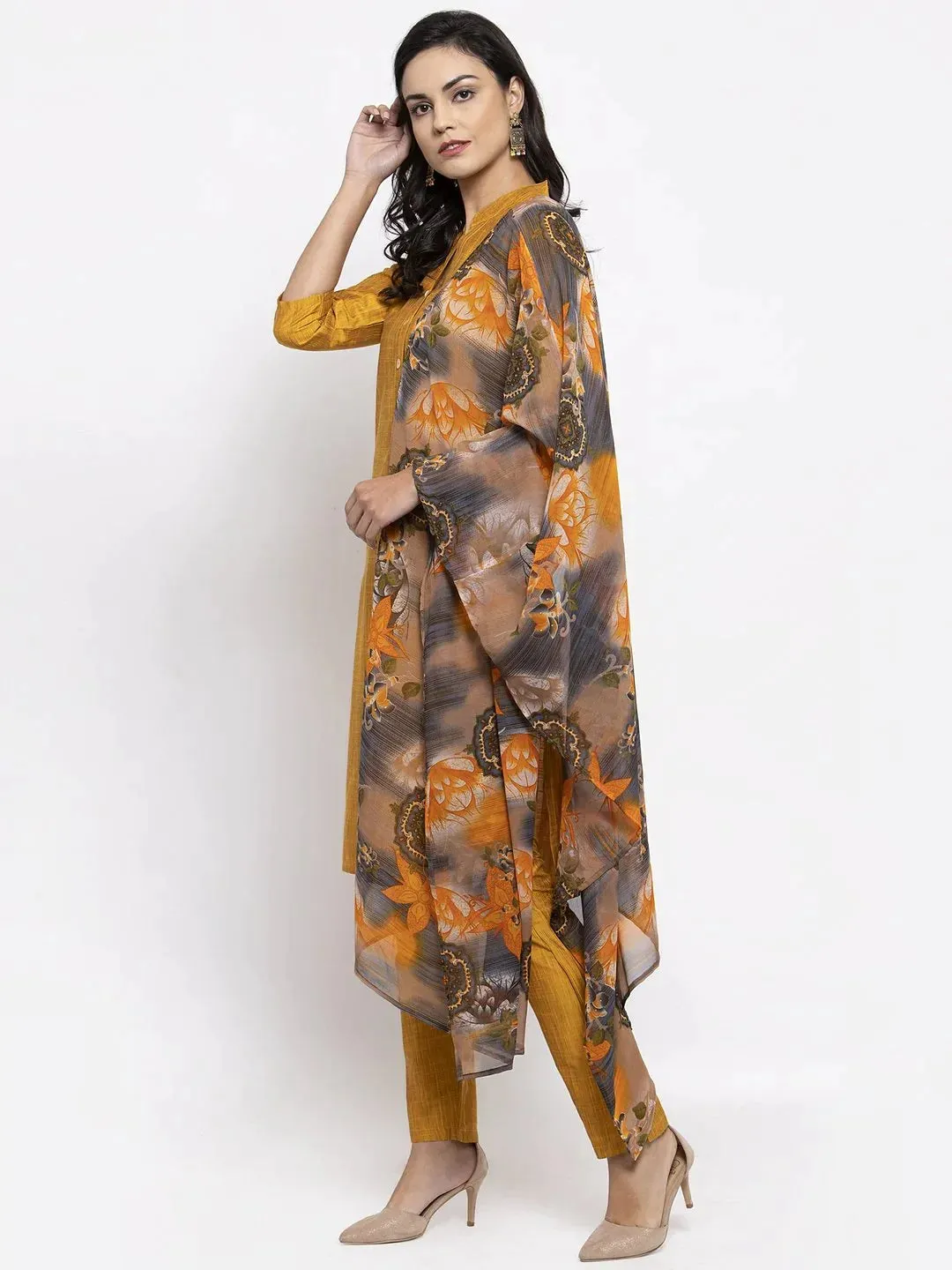 Women Yellow Self-Striped Kurta With Trousers & Gorgette Dupatta