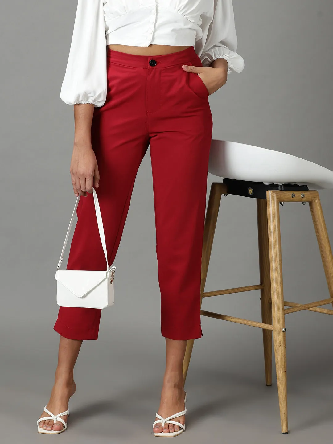 Women's Maroon Solid Formal Trouser