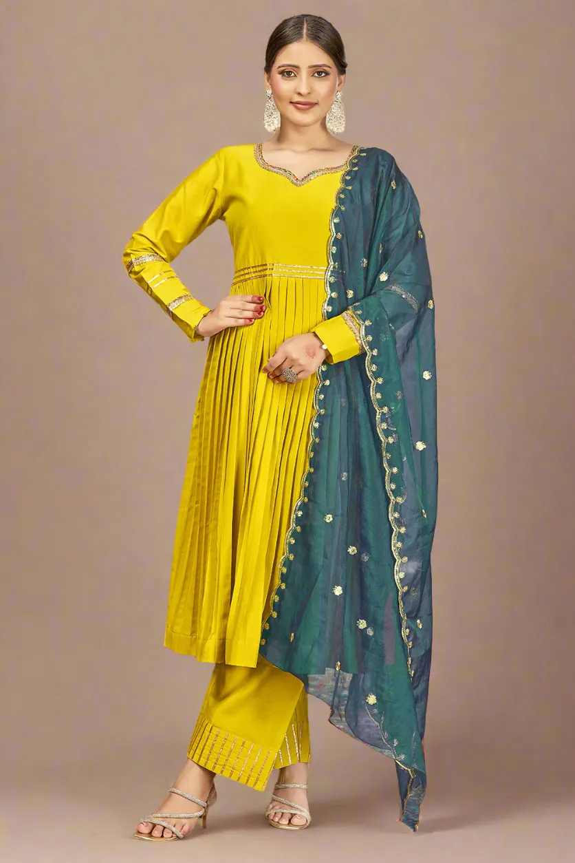 Yellow Anarkali Embroidered Kurta Set with Trousers and Dupatta