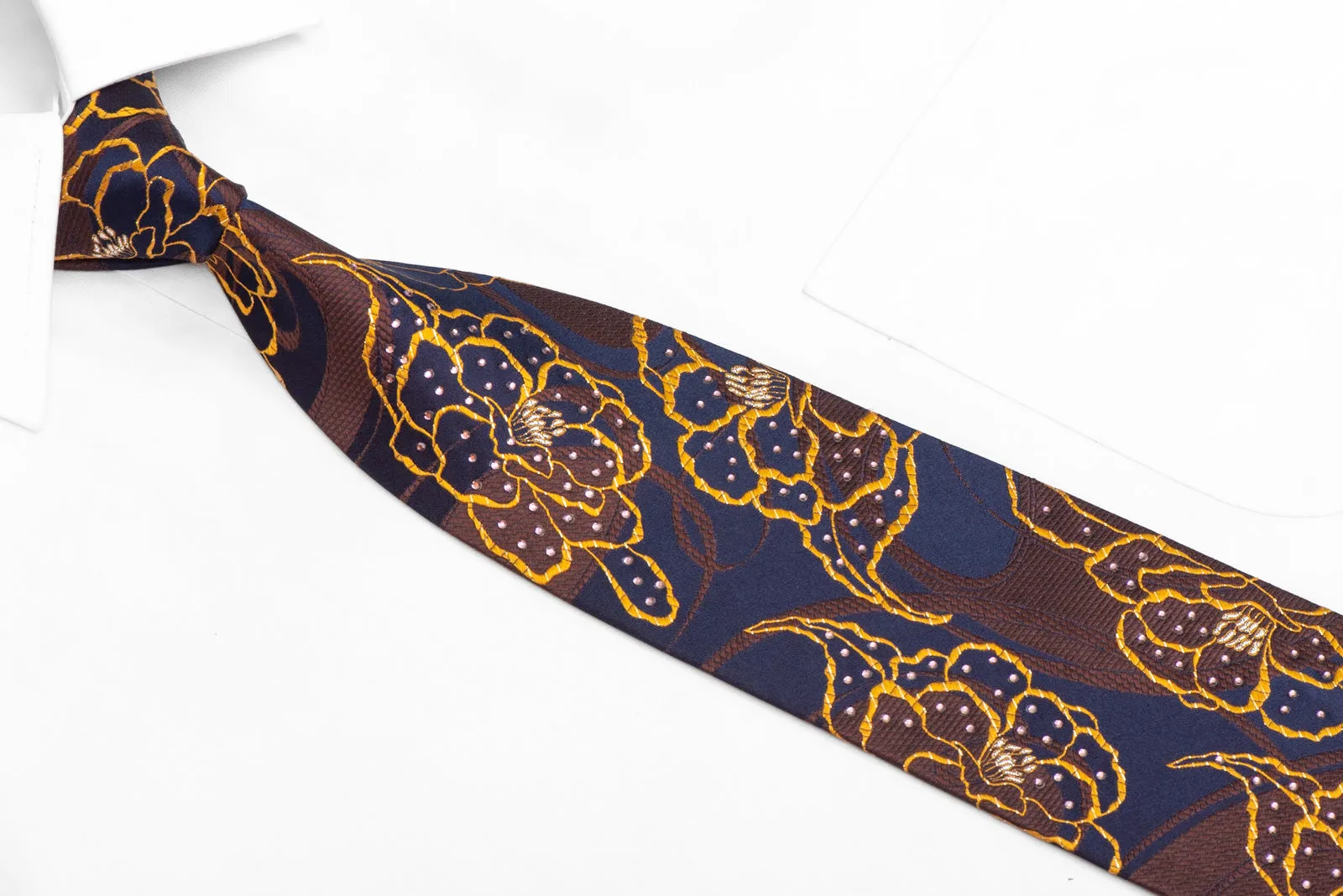 Yellow Brown Floral On Navy Blue Rhinestone Silk Tie With Silver Sparkles