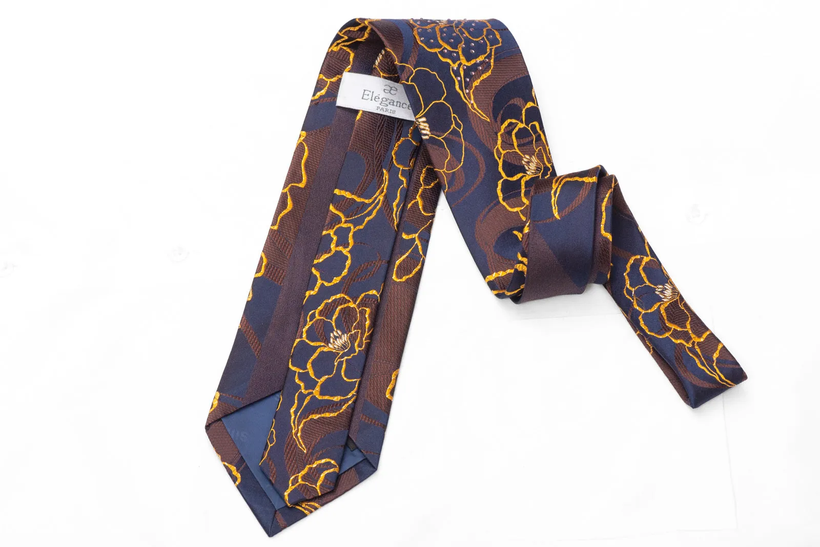 Yellow Brown Floral On Navy Blue Rhinestone Silk Tie With Silver Sparkles