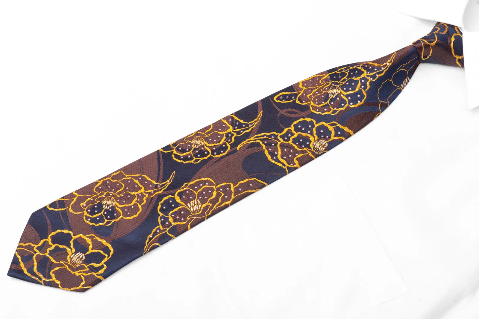 Yellow Brown Floral On Navy Blue Rhinestone Silk Tie With Silver Sparkles