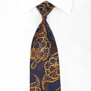 Yellow Brown Floral On Navy Blue Rhinestone Silk Tie With Silver Sparkles